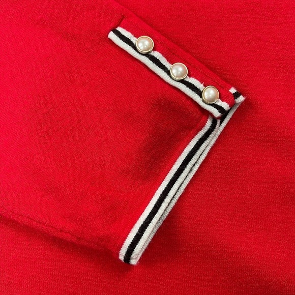 Talbots Sweater Women Large Red Fine Knit Black Stripe Pearl Button Trim Stretch - Picture 4 of 12